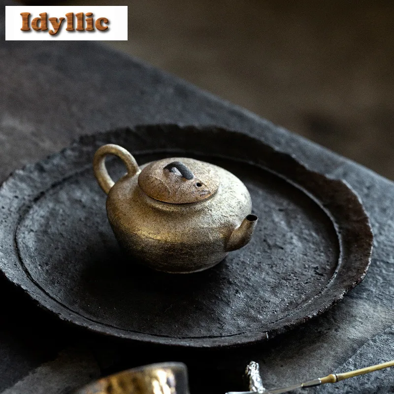 

125ml Handmade Clay Gold Gilt Flat Teapot Retro Tea Infuser Pot Tea Soaking Kettle With Filter Kung Fu Tea Teaset Collection