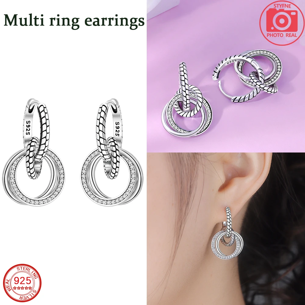 925 Sterling Silver Multi Ring Snake Bone Pattern Earrings for Women Daily Commuting Jewelry Original Cute New Original