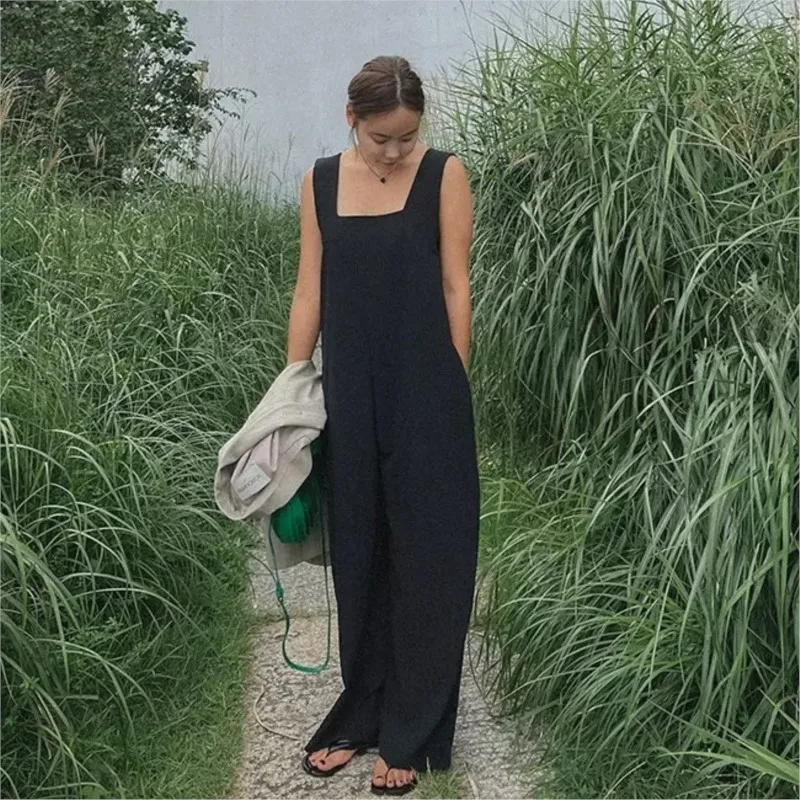 Johnature Casual Tank Women Jumpsuits   Summer New Korean Sleeveless Square Collar Sleeveless Full Length Simple Bodysuits