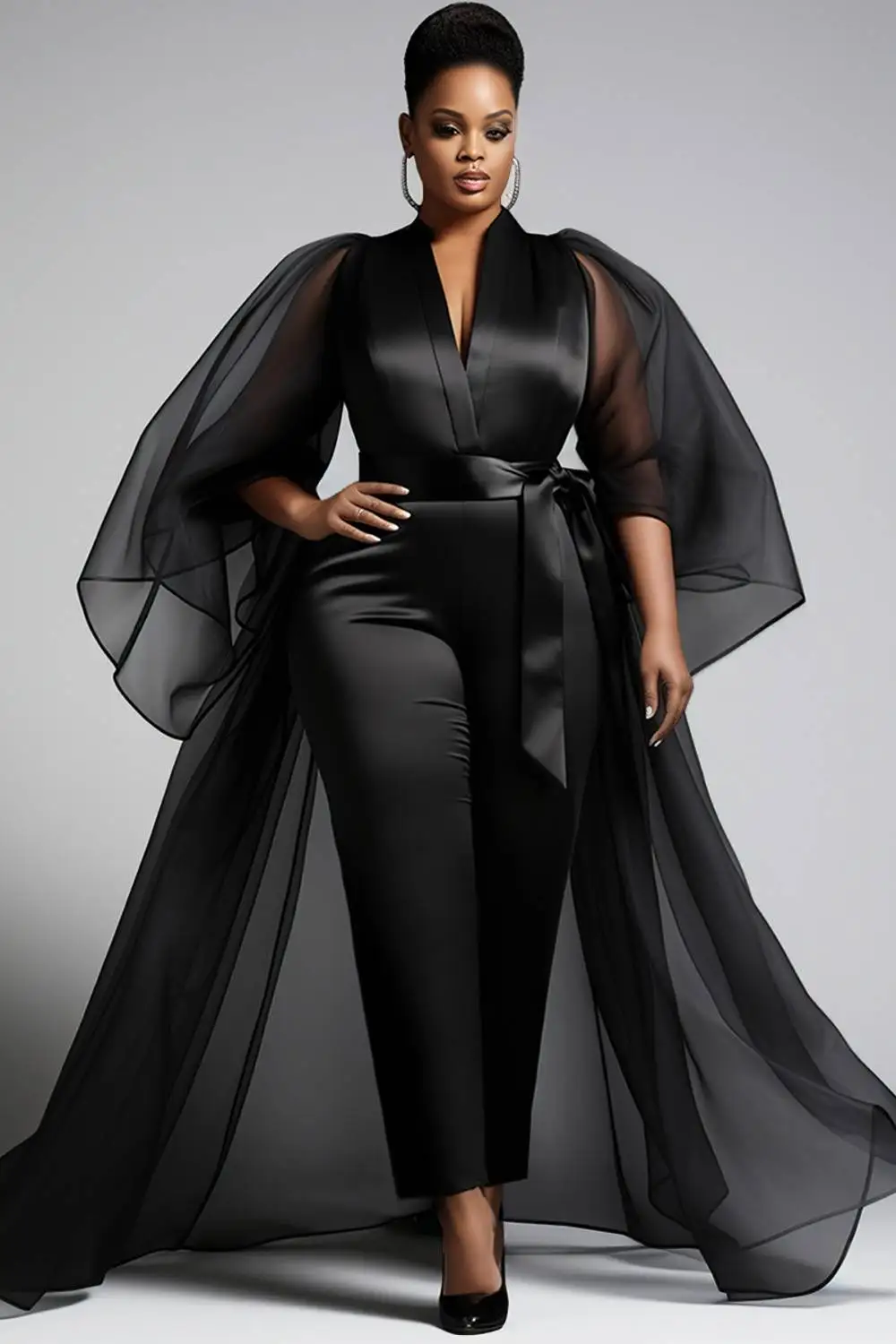 

Plus Size Formal Tulle Black V Neck Puff Sleeve 3/4 Sleeve See Through Peplum Satin Jumpsuits