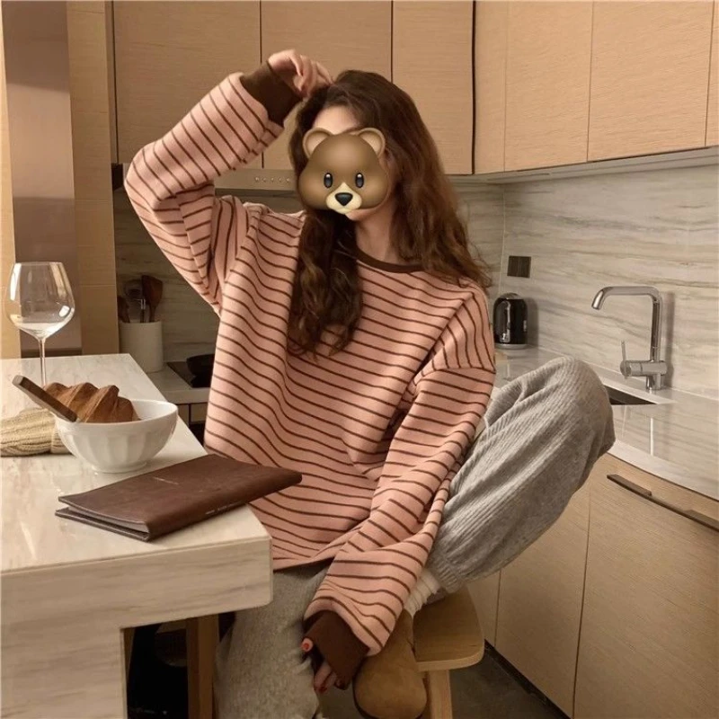 Girl Like Pink Striped Round Neck Pullover Hoodie for Women New Korean Version Loose and Slimming Split Top