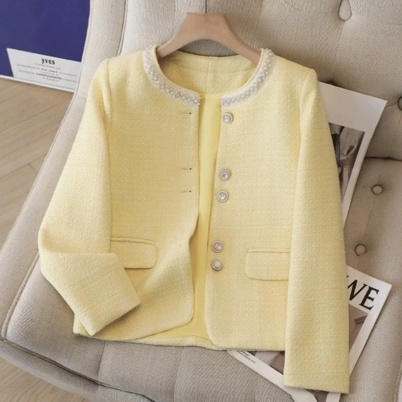 New High-end Small Fragrance Jacket Women Autumn Winter Coat O-Neck Beaded Single-breasted Short Jacket Elegant Female Outerwear