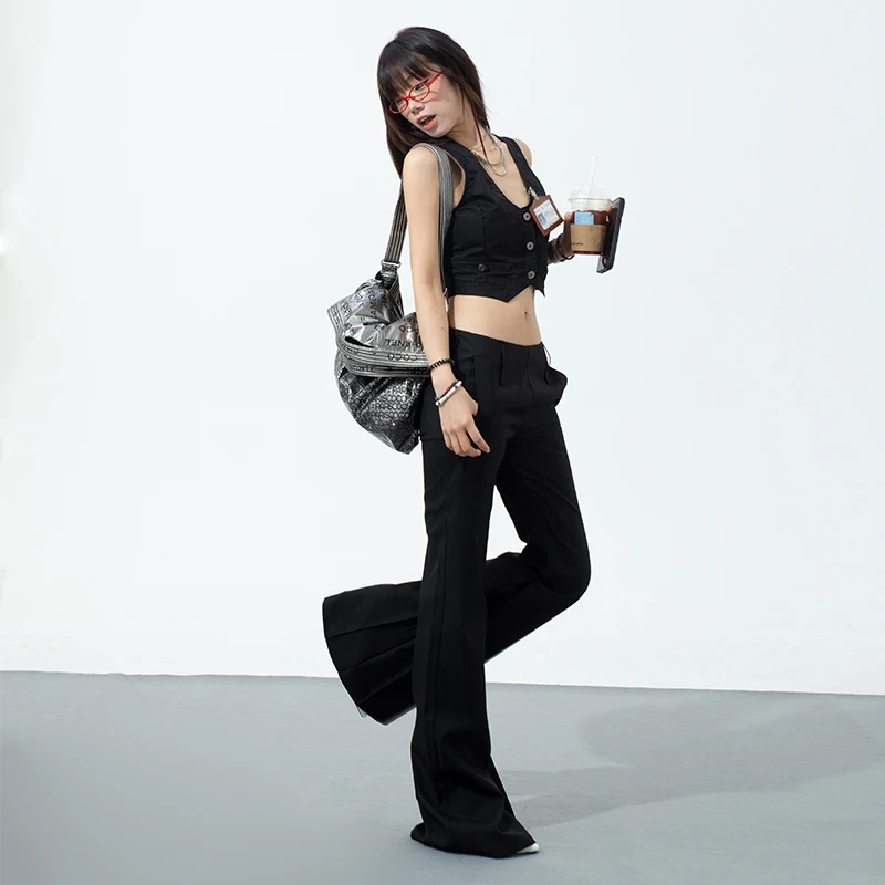 Trendy Low Waist Flare Pants Women Work Pants New Pocket Slim-Fit Casual Pants Female 80s Black Pants