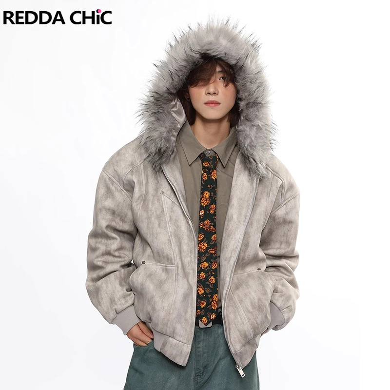

REDDACHiC Street Style Men's Faded Full Zip Jacket Thicken Cotton Padded Fuzzy Fur Hooded Warm Winter Coat Moto Punk Outerwear