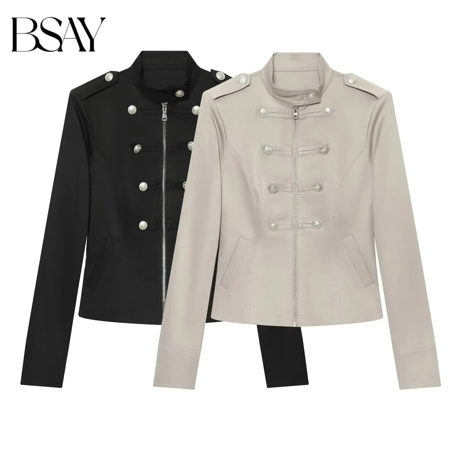 BSAY Vintage Fashion Women Napoleon Stand Collar Double Breasted Jacket Zip Up Slim Waist Long Sleeve Cropped Casual Outer Coat