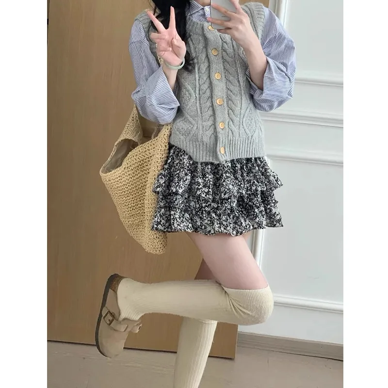 

Осенний новый свитер маленького размера, многослойный жилет, серая верхняя одежда в стиле ретро, вязаный кардиган с круглым вырезом, женский жилет