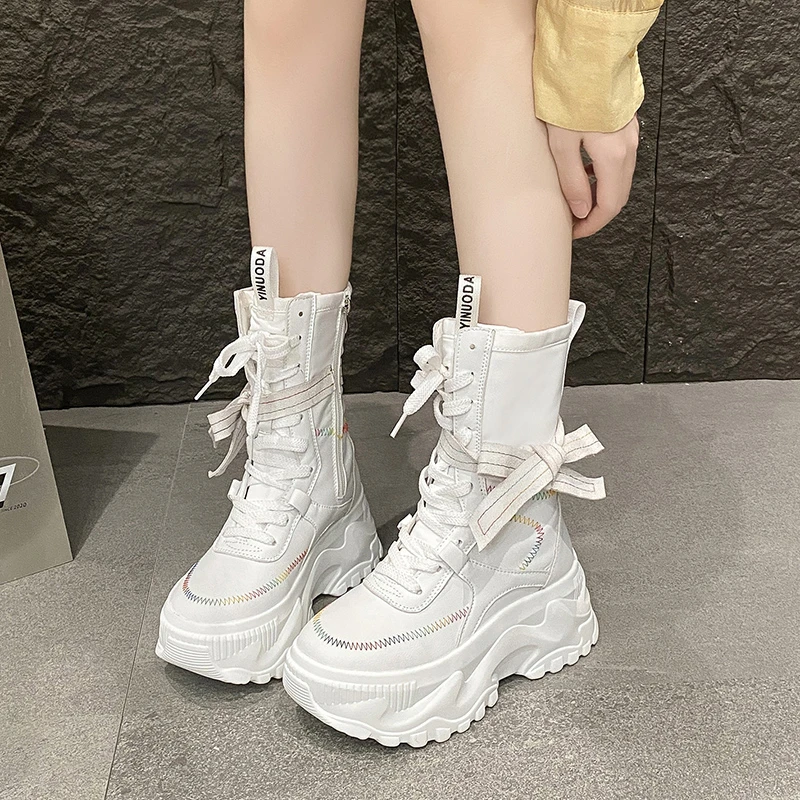 

8cm Platform Women's Boots Fashion Designer Canvas Chunky Motorcycle Boots Comfort High Top Mid-Calf Boots for Women Botas Mujer