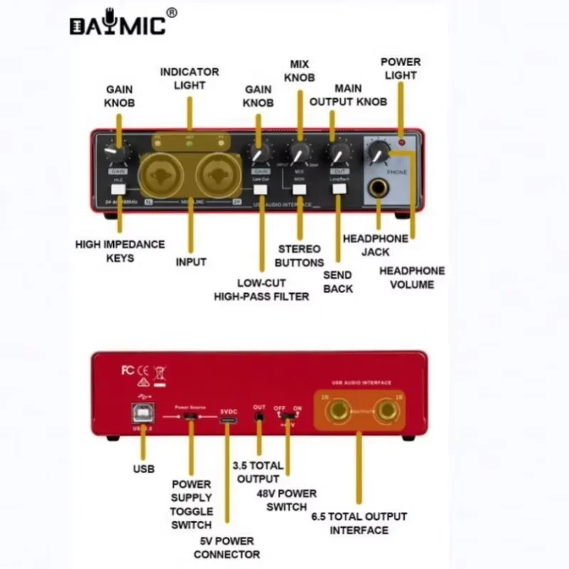 DM22 Audio Interface for Recording Audio Equipment Guitar Professional Sound Card Portable with 48V Phantom sound mixer