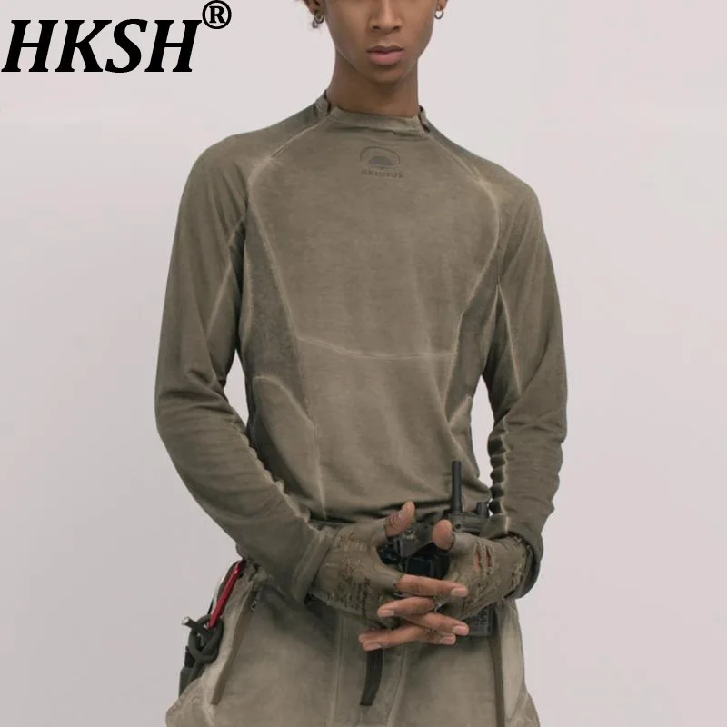 

HKSH Spring Autumn New Men Tide Punk Techwear Dirty Dye Split Stretch Outdoor Long Sleeve T-shirt Casual Slim Fit Tees HK17152