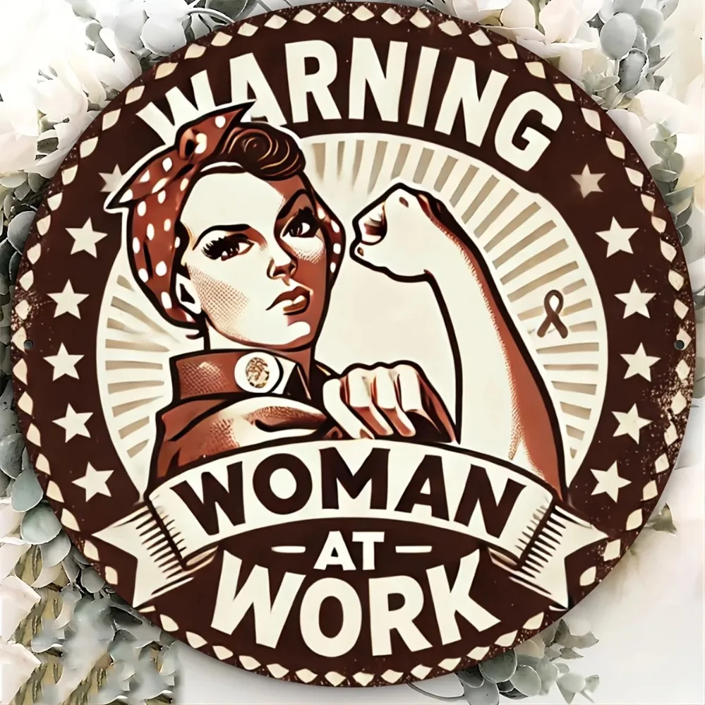 Vintage Warning Woman At Work Round Metal Tin Sign, Retro Rosie The Riveter Feminist Wall Decor Tin Plaque, Rustic American Flag
