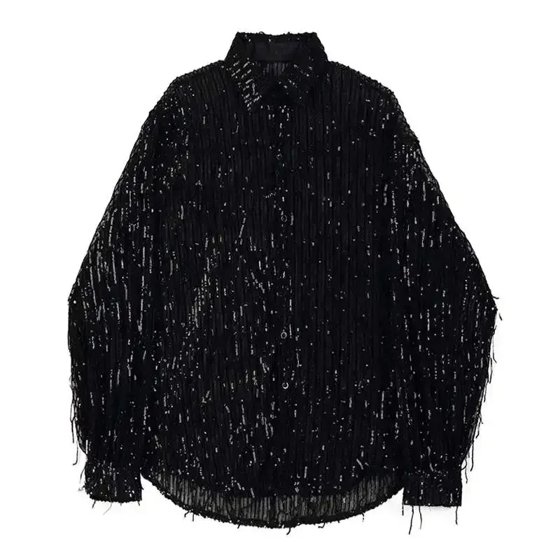 Gold Black Sequins Perspective Tassel Loose Long Sleeve Shirt Men's Singer Dancer Performance See Through Fringe Shirts