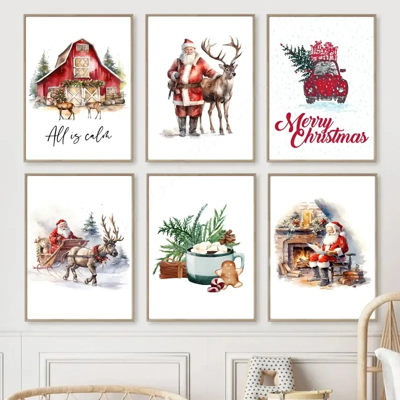 

Santa Claus Farmhouse Christmas Doodle Wall Art Canvas - Tree Car Deer Motifs for Living Room Decor Festive Posters And Prints
