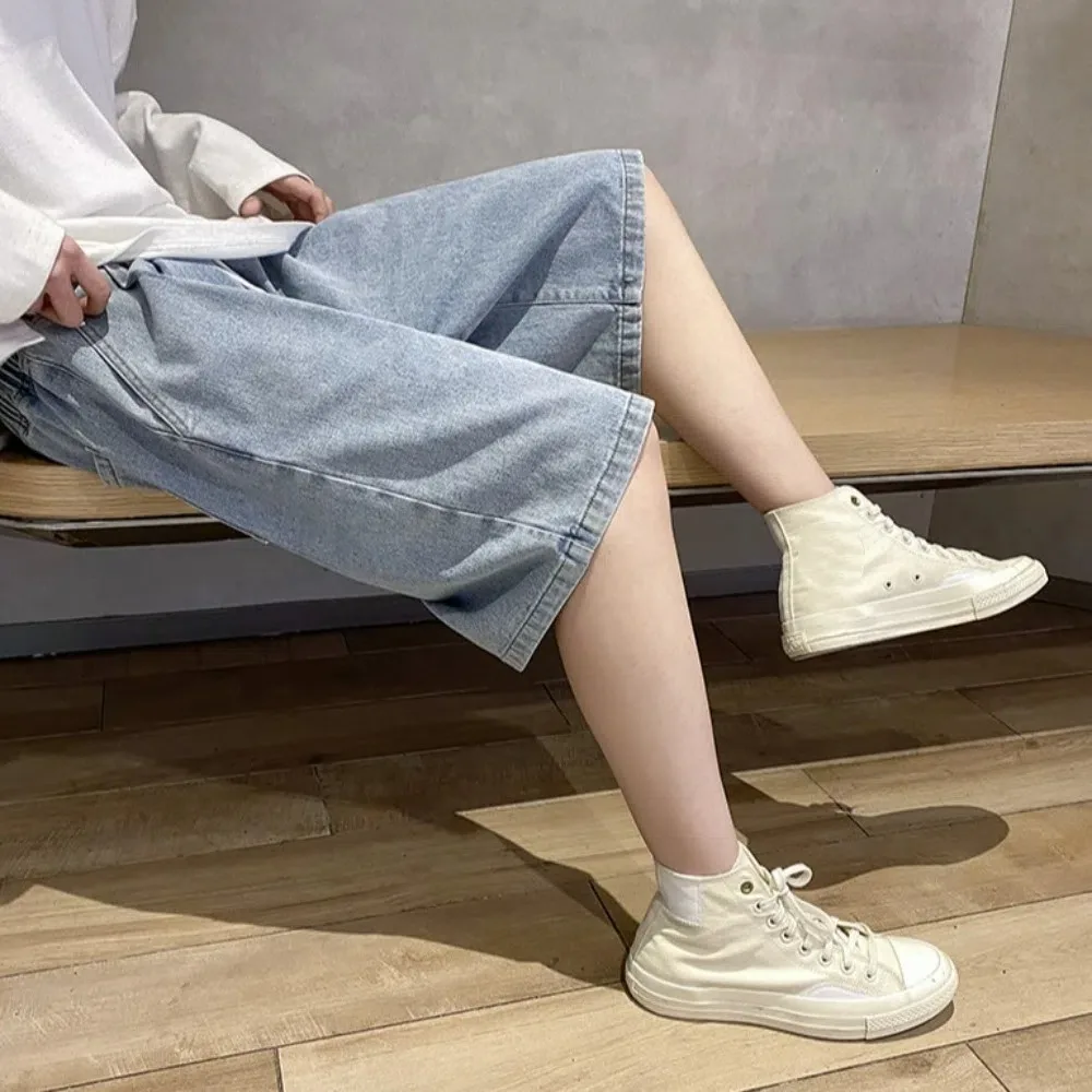 

Джинсовые шорты в стиле ретро на шнурке, мужские свободные широкие мешковатые короткие джинсы, брюки с высокой талией, джинсовые брюки длиной до колена для колледжа