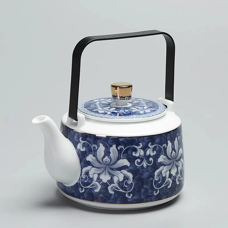 Jingdezhen Painted Gold Blue/White Porcelain Large Teapot Underglaze Color Embellishment Lifting Beam Teapot Lifting Tea Pot