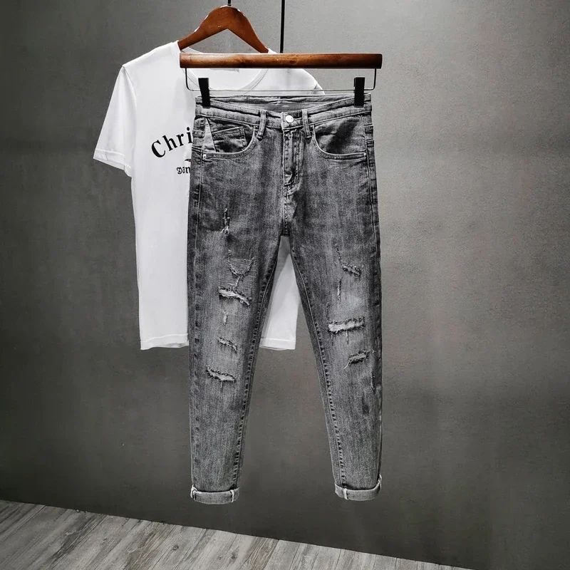 Jean slim déchiré pour hommes, gris, bleu clair, élasticité, vêtements de rue, Hip Hop, Patchwork, pantalon de motard, effiloché