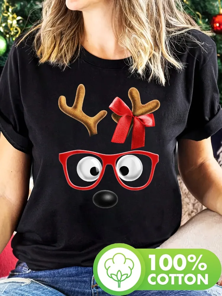 تي شيرت نسائي بأكمام قصيرة مطبوع عليه حيوان الرنة لعيد الميلاد، نظارات حمراء كرتونية وتصميم فيونكة من القطن الخالص، نمط ممتع عصري #2