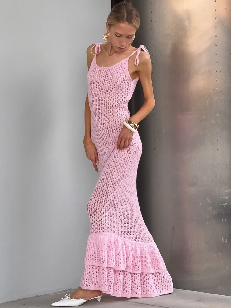 

Trendix Hollow Out Knit Maxi Dress Femme Fashion Lace Up Ruffle Camisole Dresses Beach Party Sexy Slim Elegant Evening Dress