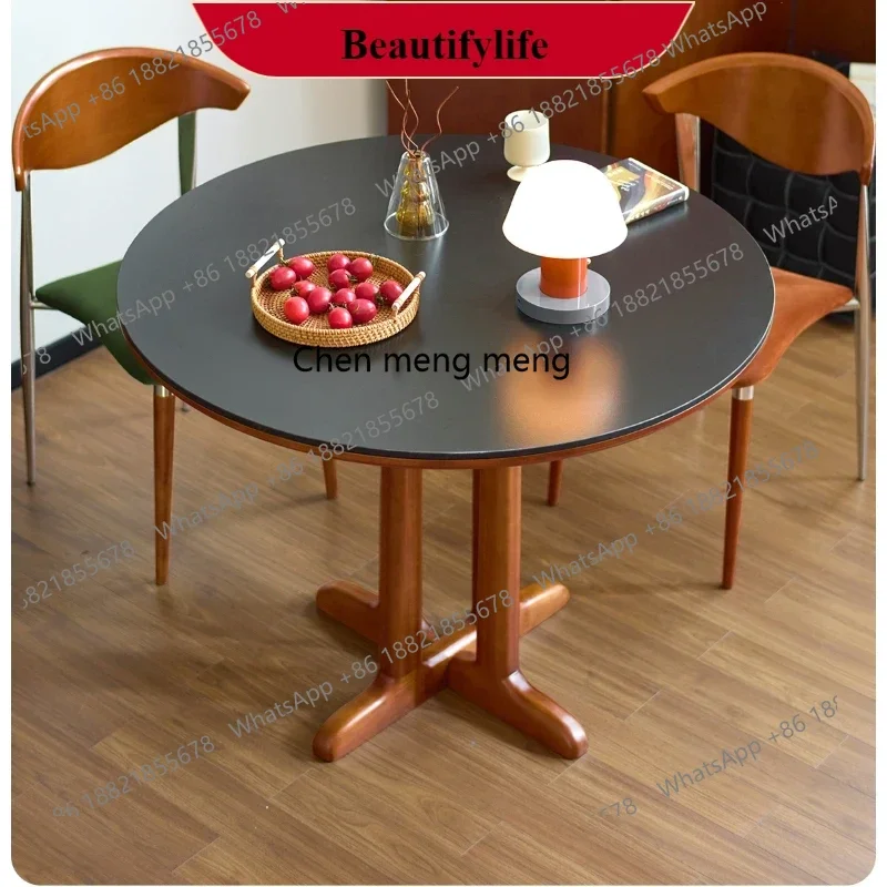

G153 Solid wood black rock slab round table retro restaurant round dining table and chair combination Nordic