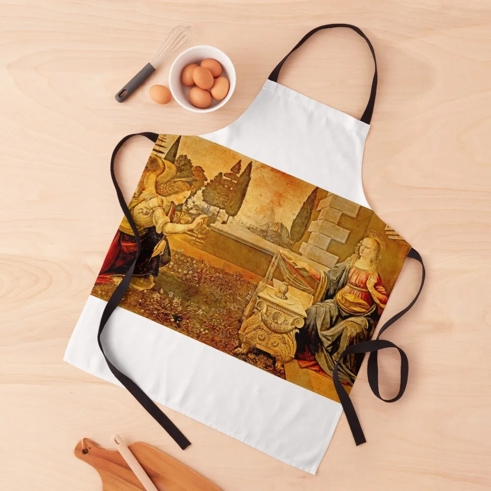 The Annunciation by Leonardo da Vinci blended on old paper Apron Utensils For Kitchen restaurant accessories Apron