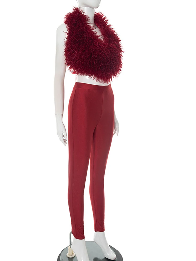 クリセシーン レディース ホルターネック Vネック タイバック クロップトップ レギンススーツセット ゴージャスな赤いファーリートラックスーツセット 2ピース クラブ衣装