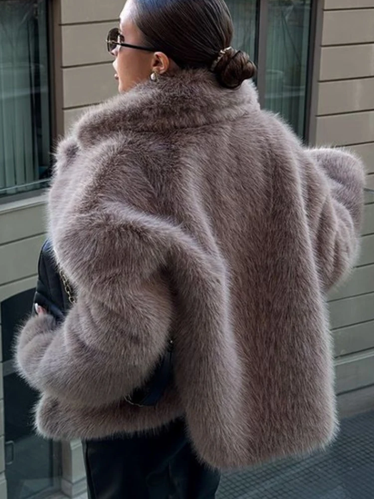 2024 Winter Woman Solid Color Warm Plush Faux Fur Coat Elegant Grey Full Sleeves Loose Short Jacket New Lady Street Outerwear