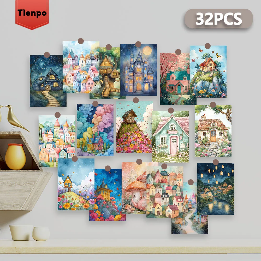 Ensemble de cartes postales 32 pièces, maison enchanteresse, Style illustré, cartes de jour/décoration/de voeux à thème, papier cartonné épais, haute définition
