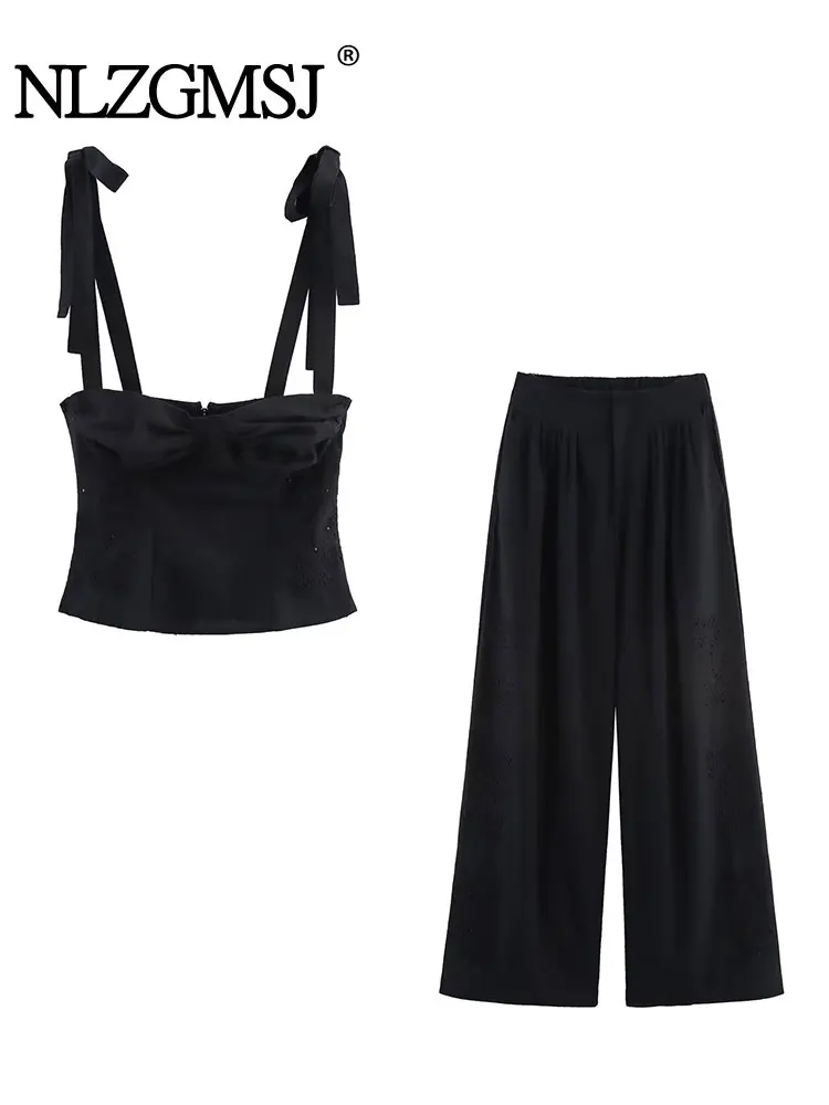 

2025 Summer Sexy Club Chic Women Suit Solid Sleeveless Bow Cami Top Long Straight Pants New Fashion Sets