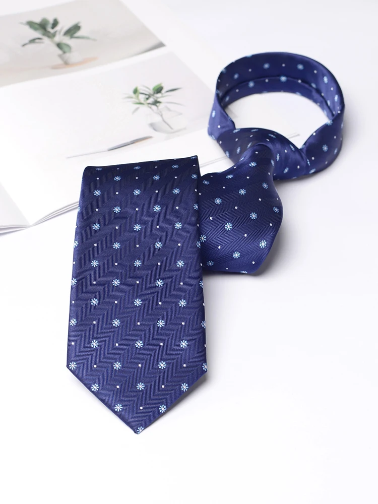 高品質ネイビーブルー雪の結晶模様のネクタイ男性のフォーマルな服装ビジネスシャツアクセサリー用-8-センチ幅手作り結び目ネクタイ