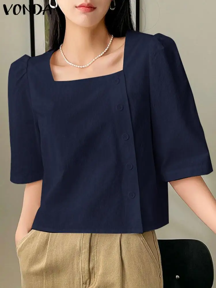 2024 VONDA Women Summer Fashion Blouses Shirts Square Collar Tops Tunic Half Puff Sleeve Casual Solid Color Buttons Loose Blusas