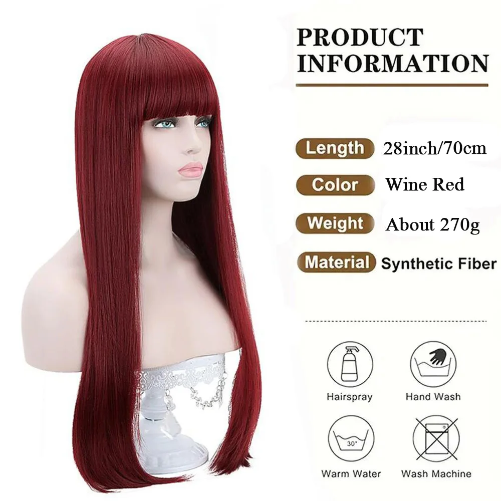 Parrucca sintetica lunga diritta vino rosso 99j # parrucche per capelli con frangia parrucche Cosplay resistenti al calore per donne asiatiche ed europee 28 pollici