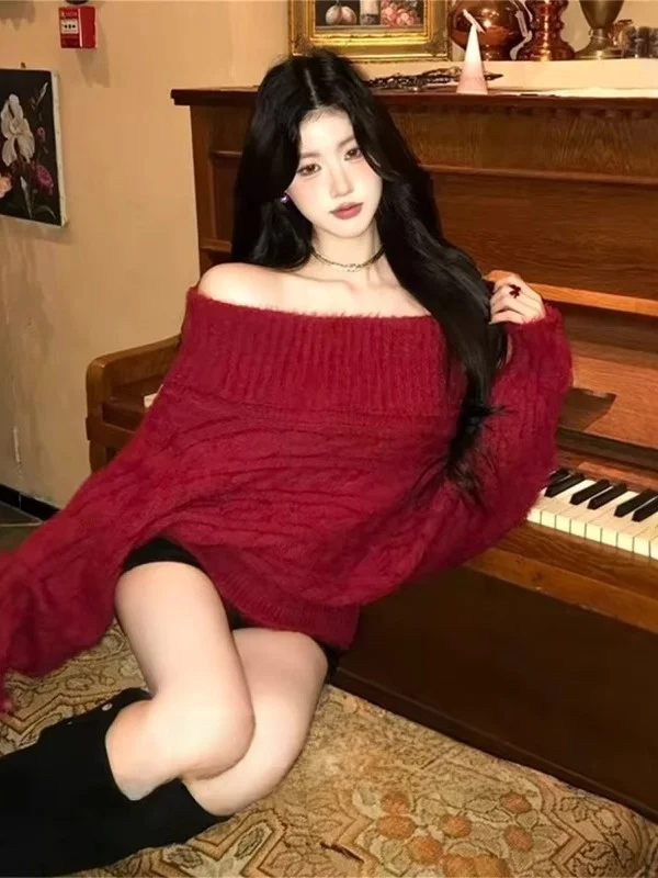 

Cisas красный длинный вязаный свитер на одно плечо, женский свободный модный осенне-зимний новый трикотаж, повседневный топ