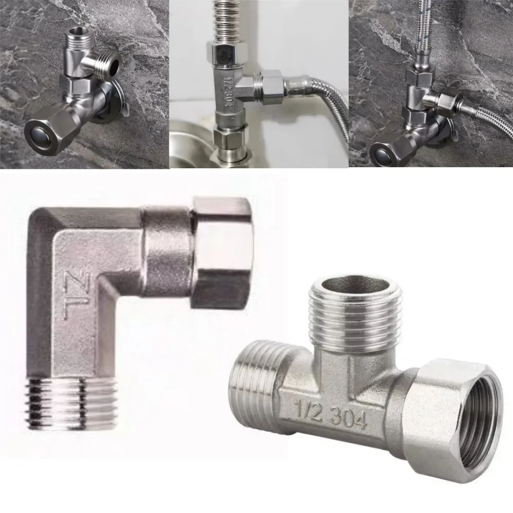 

G1/ 2" Stainless Steel Way T-Adapter Bathroom Shower Valve Faucet Water Splitter Toilet Shower Spray Nozzle Converter Pipe Elbow