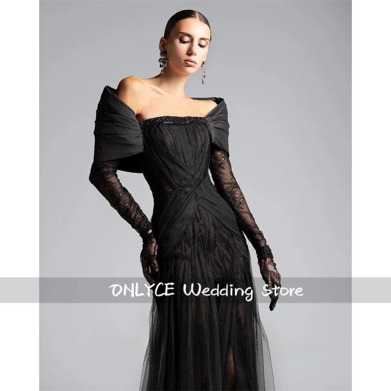 Vestido de noite de tule preto moderno personalizado fora do ombro mangas compridas vestido de baile requintado ocasião especial
