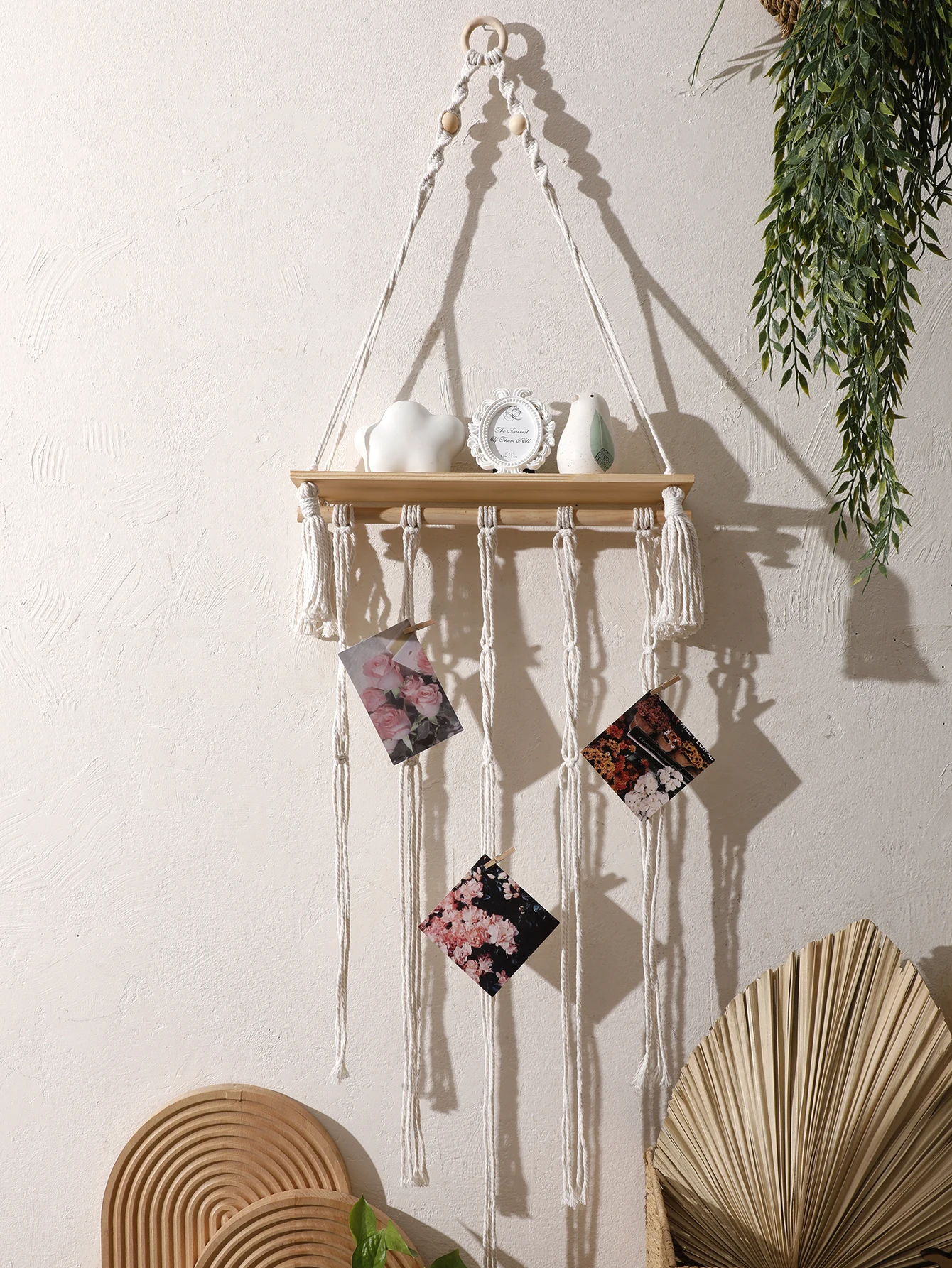 Wall Hanging Shelf with Photo Display Floating Wall Shelf Macrame Decorative Picture Holder and Storage for Boho Home Decor Gift