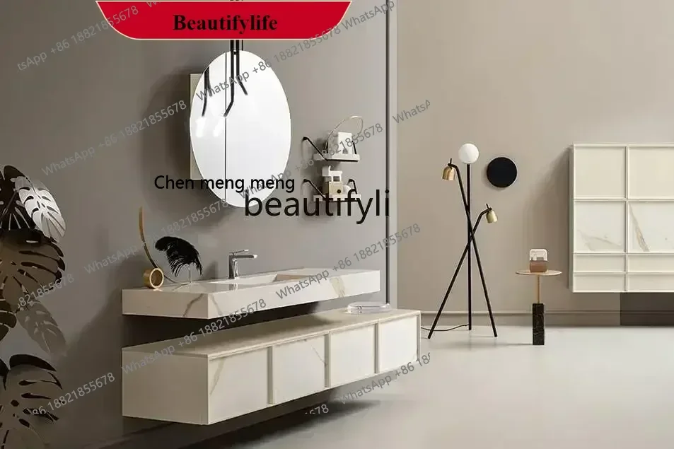 

G153 Cream wabi air bathroom cabinet micro cement basin hand washing cabinet minimalist wind integrated basin