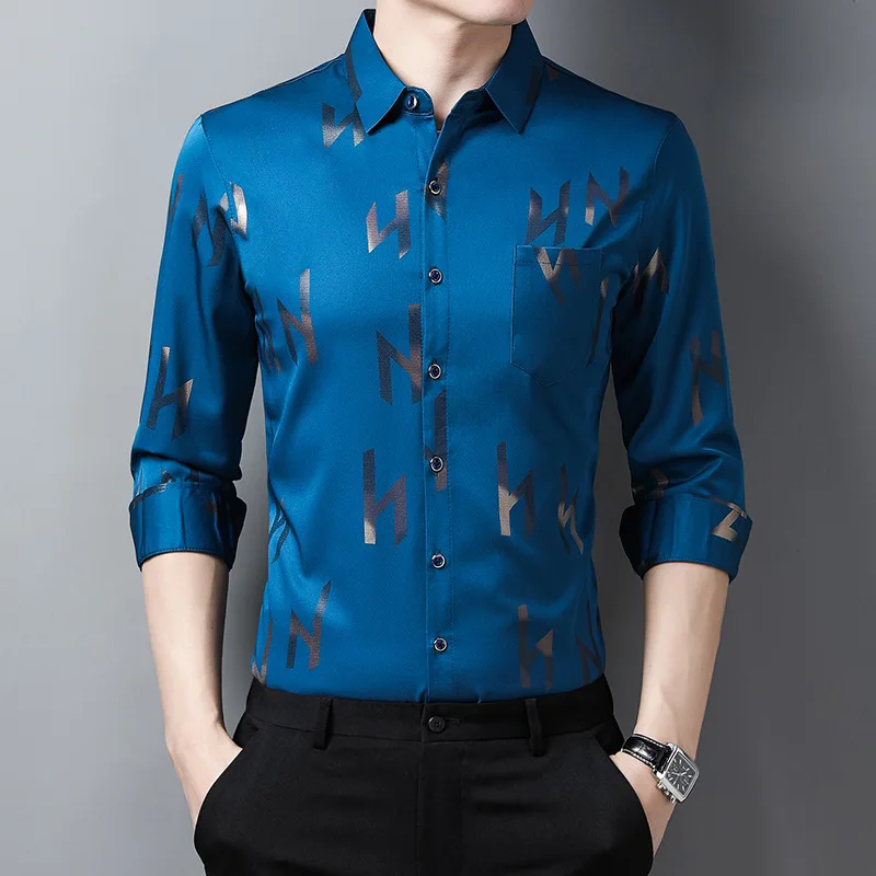 

Men's Long-sleeved Spring and Autumn Printed POLO Shirt, Young and Middle-aged Korean Version of Casual Fashion Lapel Shirt Top