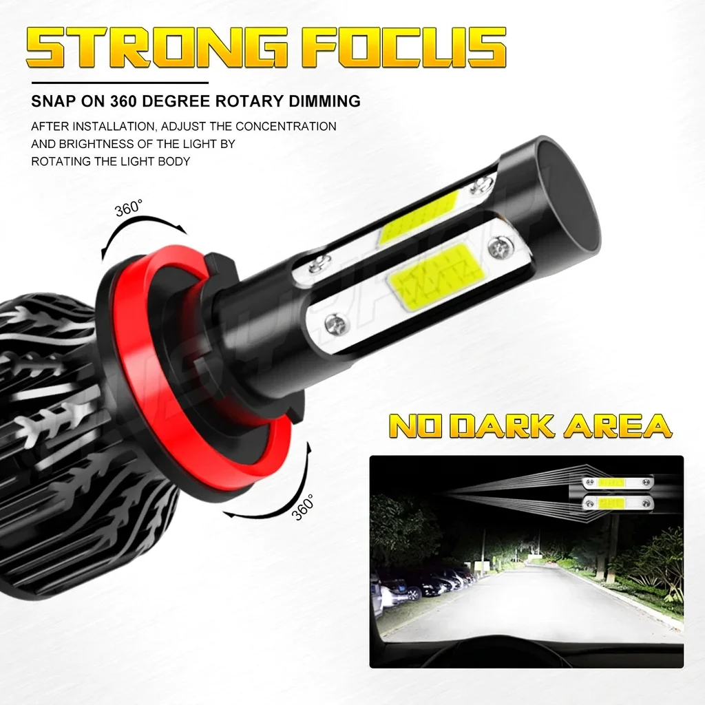 4-Sides H11 LED Headlight Kit Low Beam Bulb Super Bright 6000K White 24000LM 100W