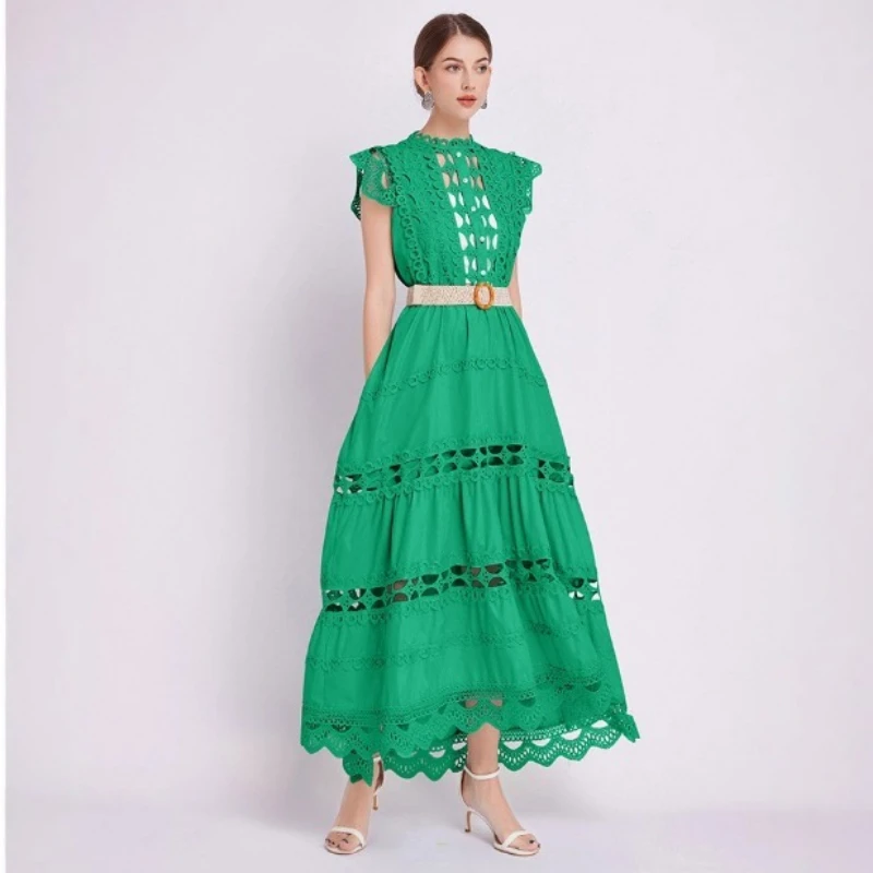 Luxo high-end vestido de festa feminino vestidos gola alta recorte bordado renda sem mangas magro vestido elegante de alta qualidade