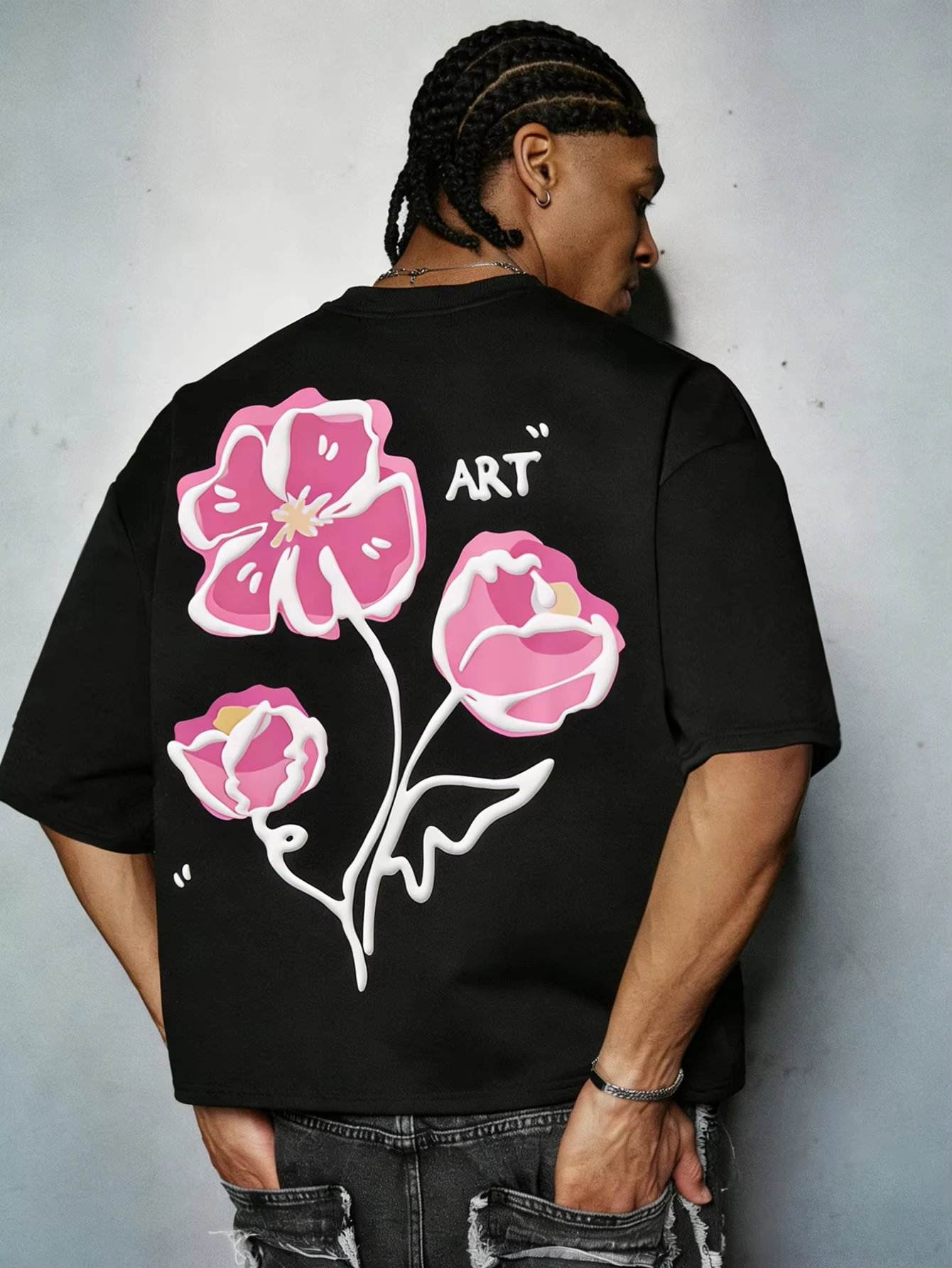 Floral Foam Element Black Cropped T-Shirt Fashion Street Tees for Outings Outdoor T Shirts Printed Top Vintage Clothes Unisex