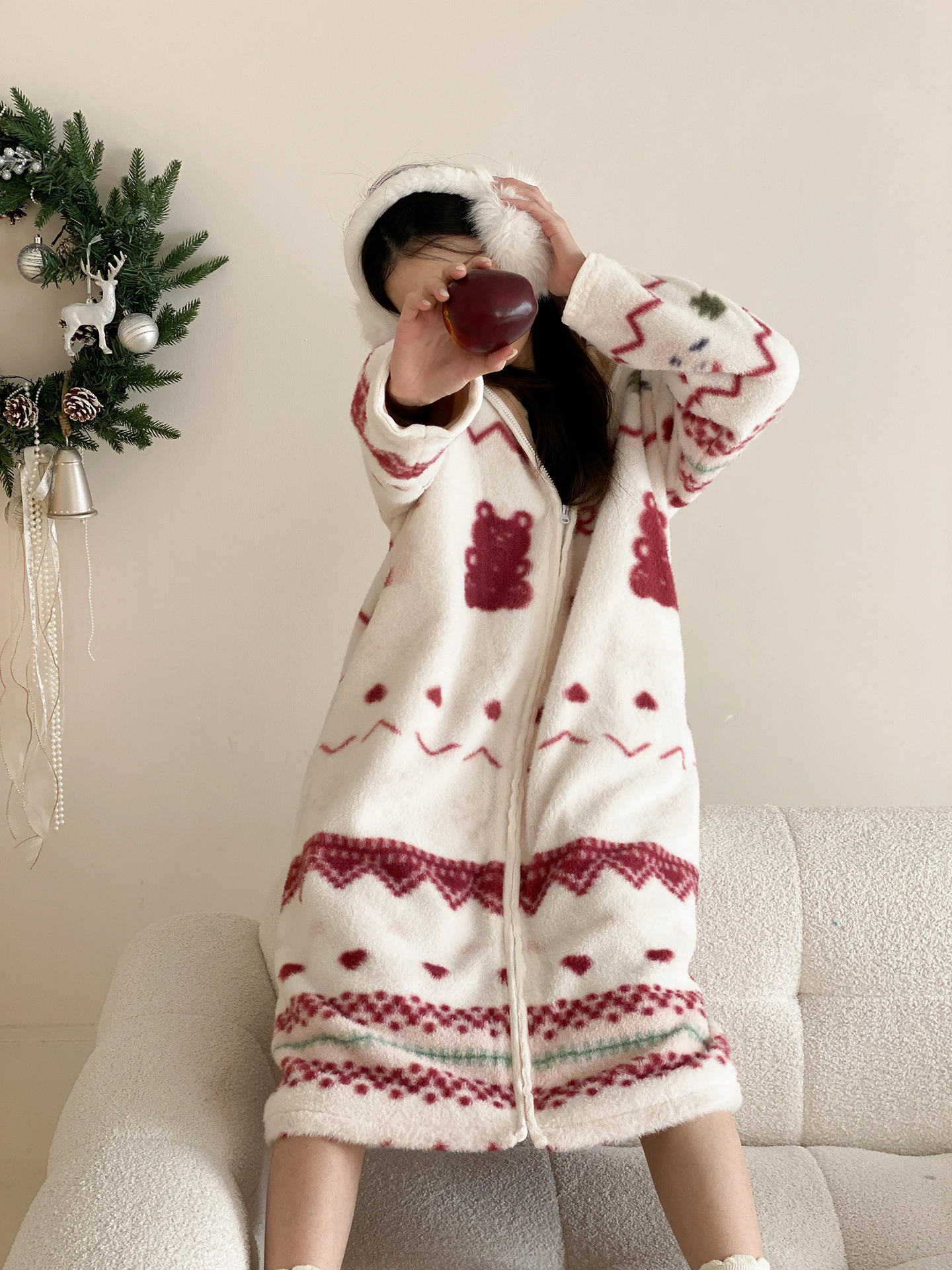 

Fuan Store Woolen Milk Fce Fair Isle Sle Warm Hooded Home Sp Dr Winter Home Comfortable Soft Long Sve Midi Dr
