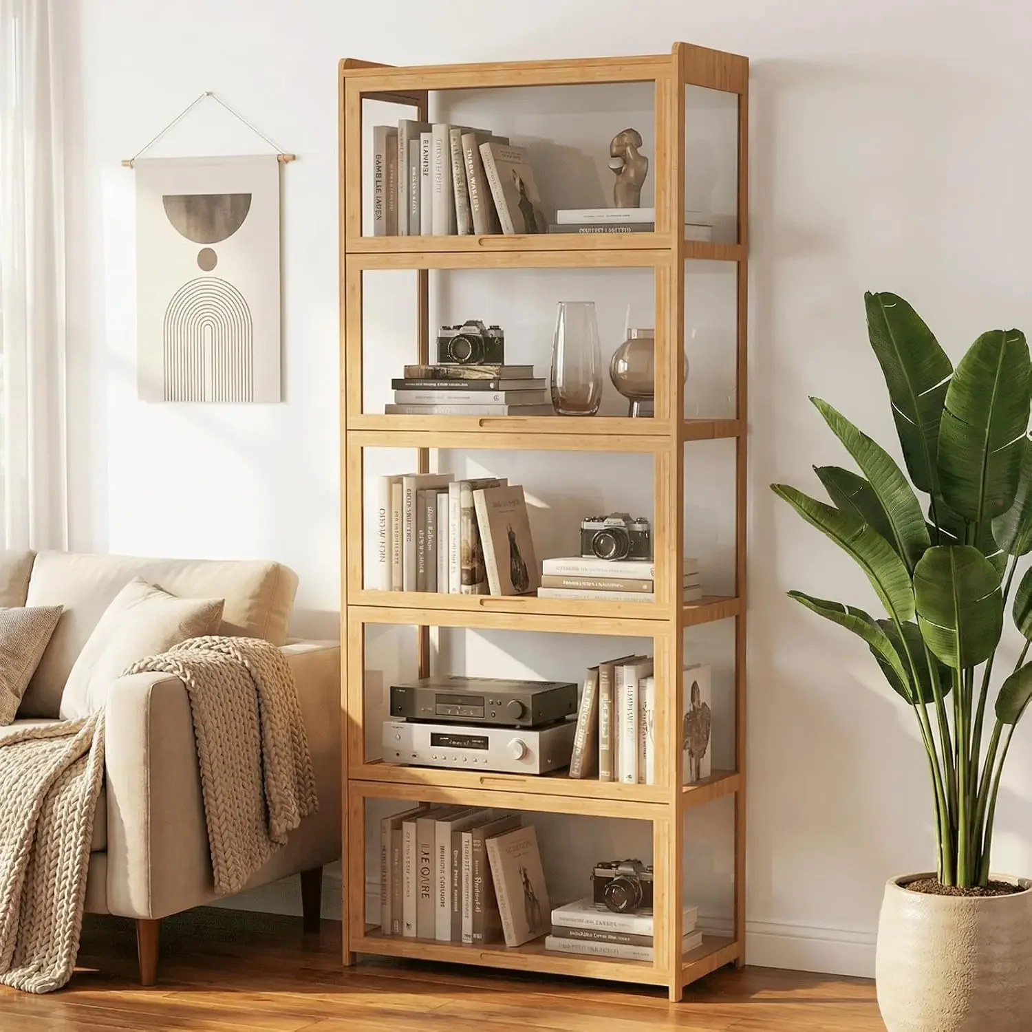 Acrylic Display Cabinet 68 H 5 Tier Clear Showcase with Flip Up Doors Bamboo Curio Case for Collectibles Books Figures