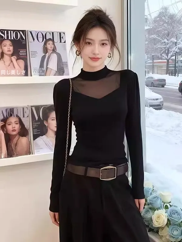Sexy Black Fleece Lined Long Sleeve Mesh Paneling Halflap Collar Base Shirt Women's plus Size Fat MM Inner Wear Trendy Top