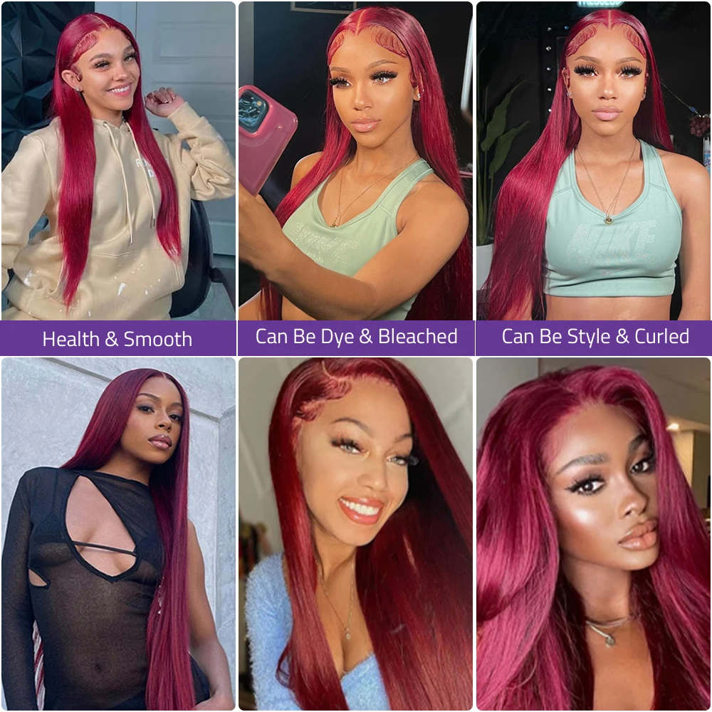 200 Плотность 99j Бордовый 36 дюймов 13x6 Прямые кружевные фронтальные парики из 100% человеческих волос HD Прозрачный кружевной цветной красный парик для женщин