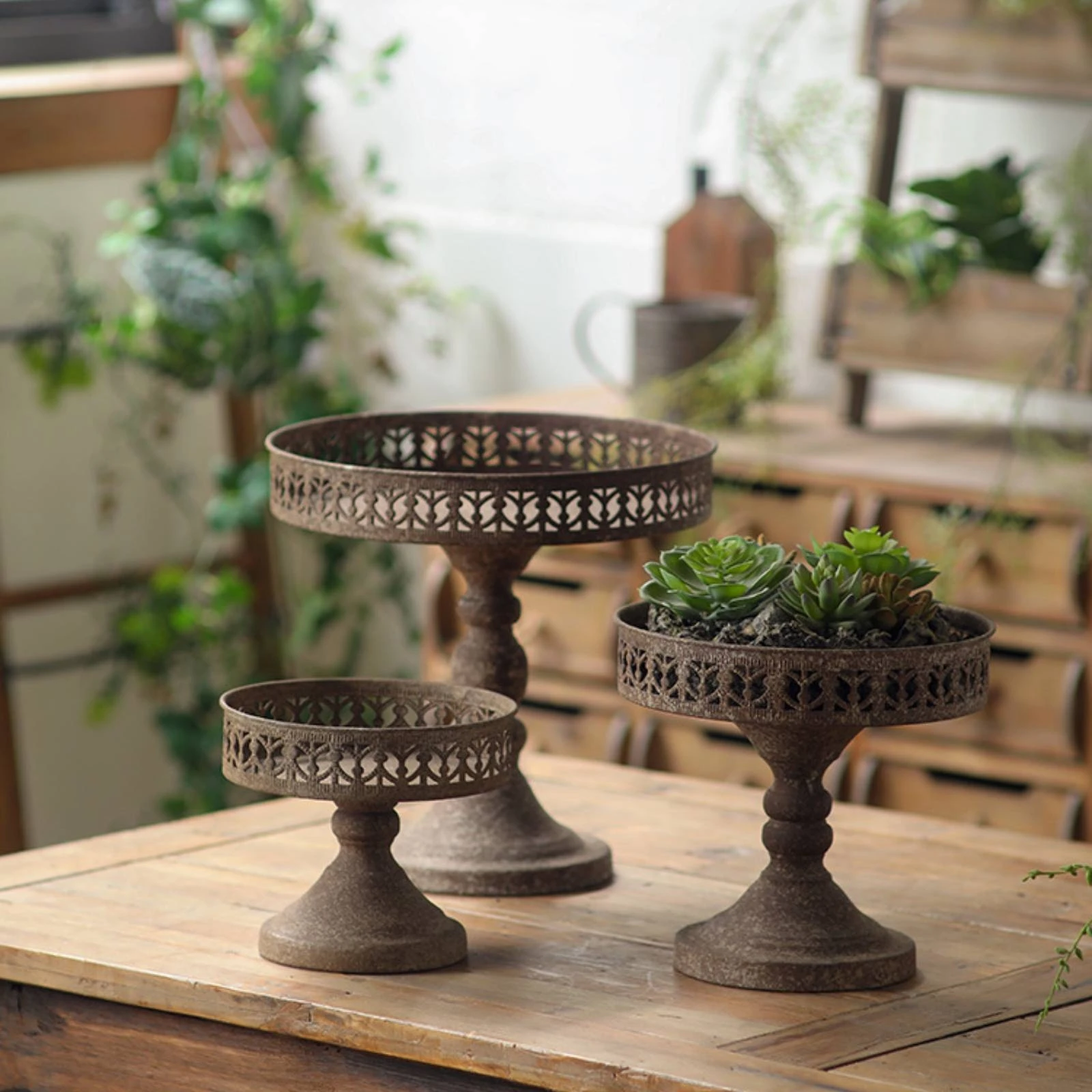 Iron Pedestal Tray Decorative Tray with Cutout Rim Rustic Vintage-Style for Florists, Tabletop Presentation, Cafes