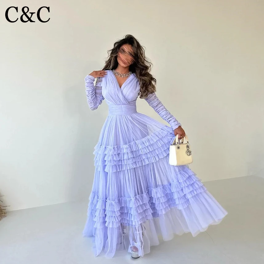 Indigo Tulle Prom Dresses V Neck Long Sleeves Floor-Length A Line Women Formal Party Elegant Gown 2024 vestidos de gala