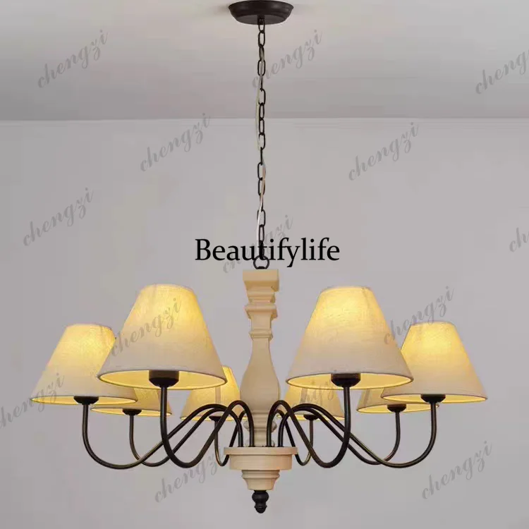 Wood art restaurant chandelier American country study bedroom cloth cover lamp French retro homestay