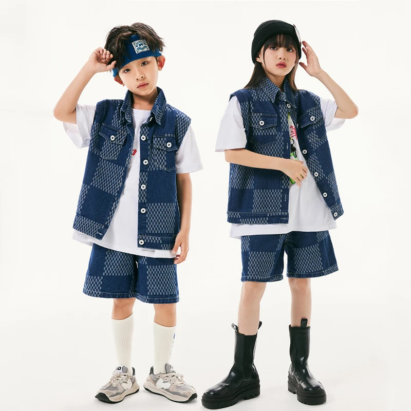 

Fashion Children's Hip Hop Costume Street Dance Clothing Plaid Denim Vest Shorts Boys Girls Jazz Performance Stage Wear BL8580