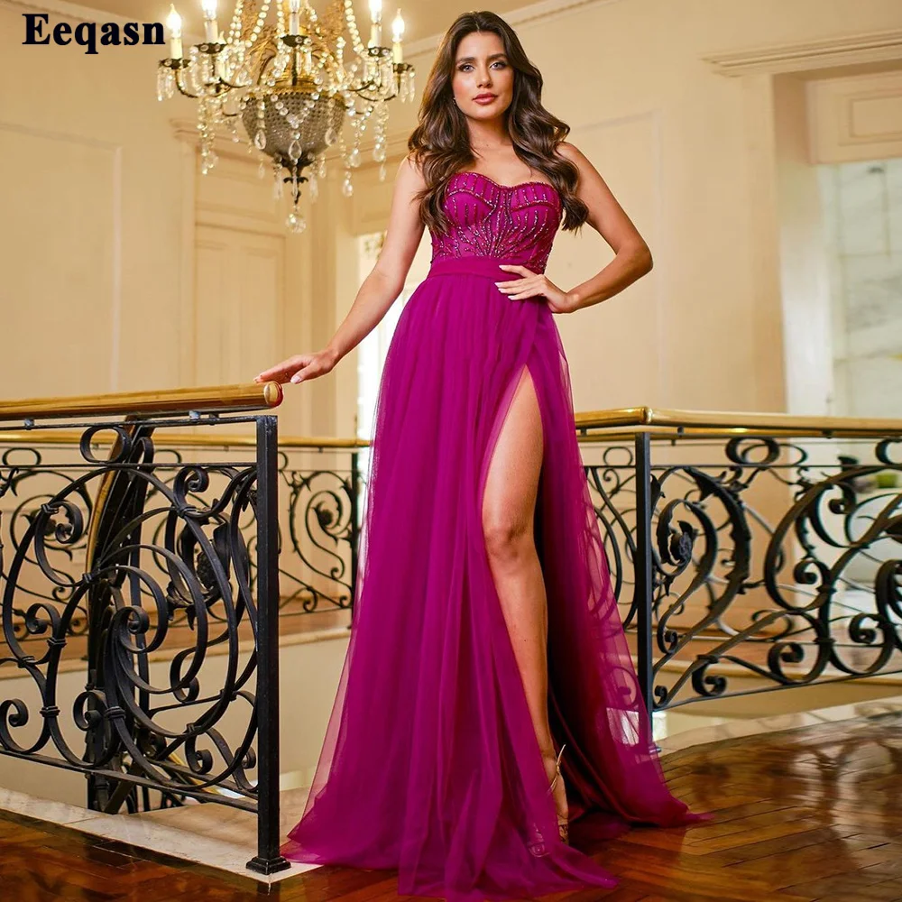 Customized A Line Tulle Fuschia Prom Dresses Sweetheart Beades High Slit Long Women Evening Dress Long Formal Occasion Gown