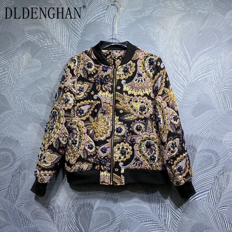 DLDENGHAN Autumn Jacquard Jacket Women's O-Neck Long Sleeves Beading Indie Folk Flowe Coat Fashion Designer