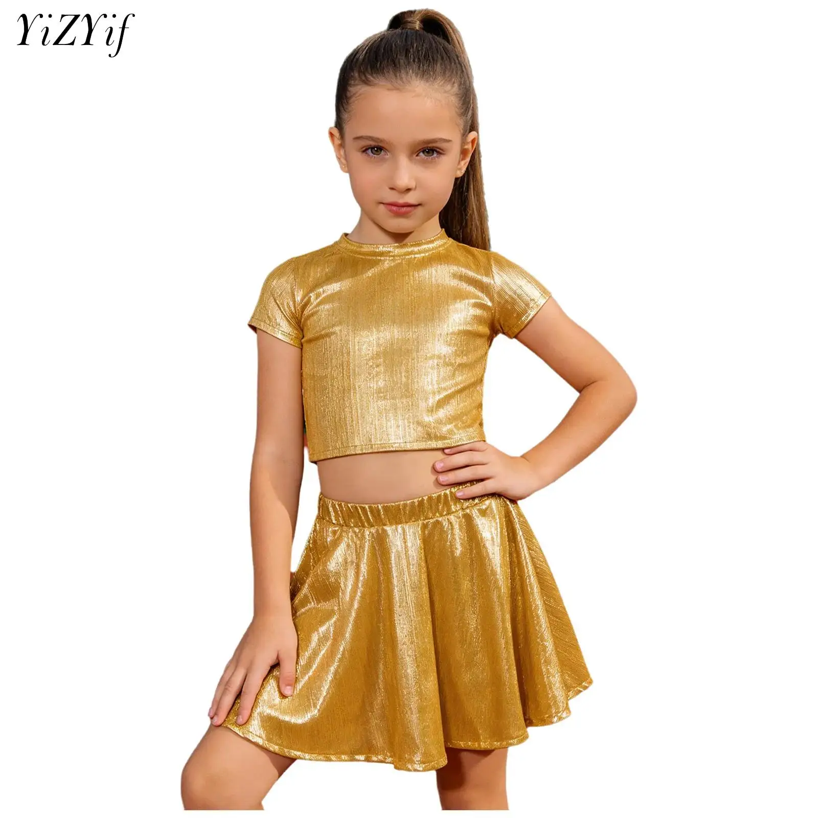 

Kids Girls Metallic Shiny Jazz Hip Hop Dance Costume Short Sleeve Ribbed T-shirt Top with Skirt Cheerleading Street Dancewear